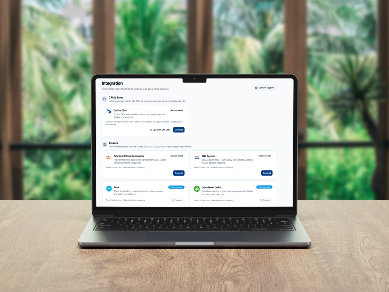 On Site HR integration with CRM and finance systems